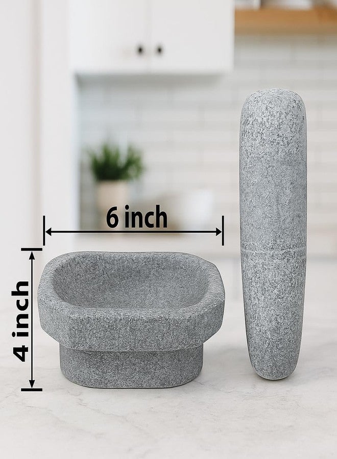 EZAHK Kalvam Stoneware Mortar and Pestle Set,Masher, Khalbatta, Kharal, Musal,for Kitchen, Home, Herbs and Spices (6 inch Grey,Small Size) - Image 4